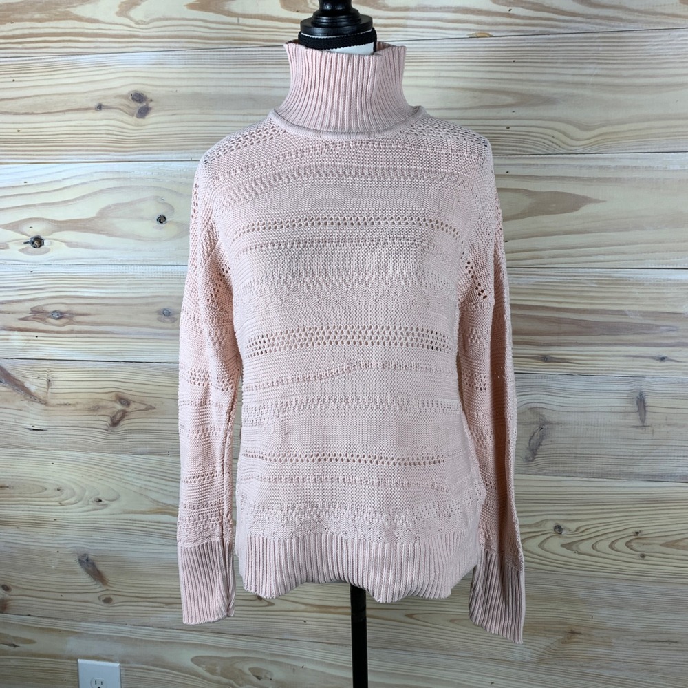 Wrap London Sweater Women 8 Pink Turtleneck Organic Cotton Pointelle Knit Pastel